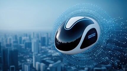 Carbon footprint, transportation and carbon-neutral concept. A futuristic robot floats above a city skyline, surrounded by digital particles, symbolizing advanced technology and innovation.