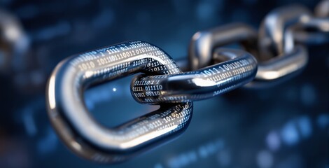 Shiny metallic chain with binary code on a blurred blue background. Concept of blockchain, crypto security, and digital encryption. Ai generative