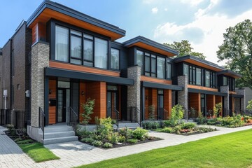 Fototapeta premium a row of modern townhouses with unique architectural designs and features, captured on a sunny day. The facade consists of a combination of wood and stone