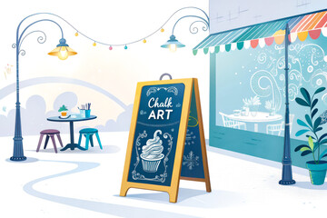 A charming cafe scene featuring a chalkboard sign advertising "Chalk Art" adorned with a cupcake illustration, surrounded by colorful lights and outdoor seating.