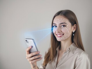 Smiling woman holding smartphone with facial recognition scan lines on face, neutral background. Concept of digital identity verification and security. Ai generative