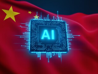 AI chip with glowing blue circuits floats over Chinese flag, symbolizing technological advancement and future innovation in artificial intelligence. Ai generative