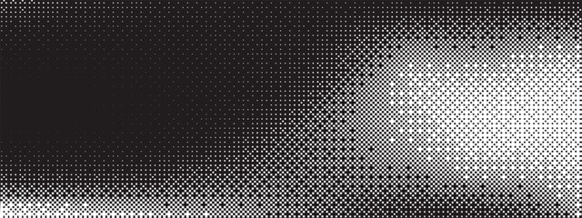 Bitmap texture background. Pixel dithering gradient. Black and white random pixels pattern. Retro glitchy vector art illustration. Monochromatic dissolve effect. 8 bit video game screen wallpaper.