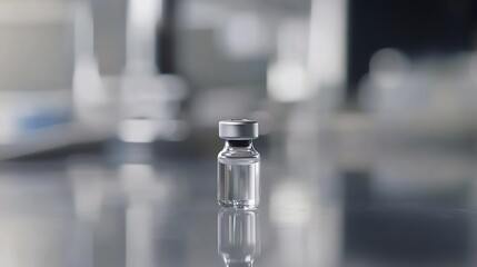 Close-up of a vaccine vial on a sterile table with medical equipment, representing healthcare innovation, medical research, and public health discussions.

