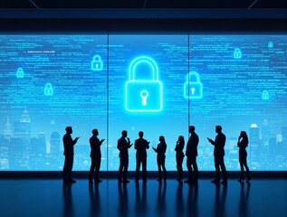 Silhouettes of business professionals standing before a digital background featuring glowing padlocks and data streams, symbolizing cybersecurity and technology. Ai generative