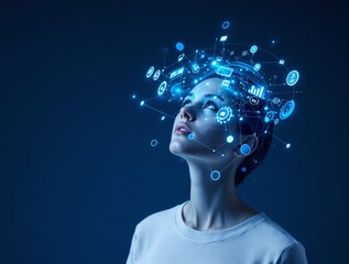Woman with futuristic digital interface network surrounding her head, glowing blue elements on a dark background. Concept of artificial intelligence and technology. Ai generative