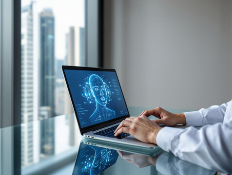 Business professional using laptop with AI facial recognition on screen, modern office, glass table, cityscape background, concept of future technology. Ai generative