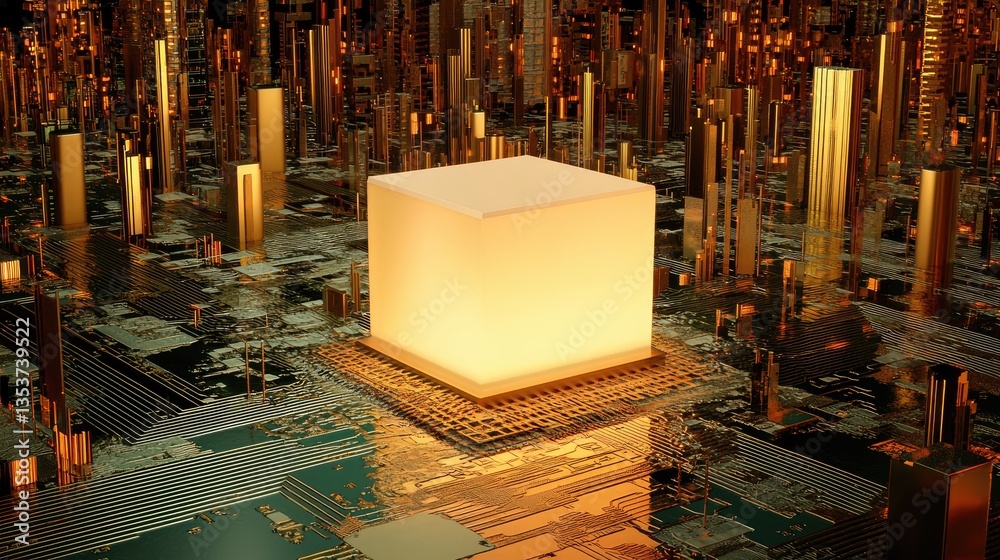 Aufkleber abstract 3d rendering of a microchip surrounded by glowing high-tech circuit patterns.
