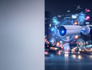 Smart security camera with glowing lens and digital analytics interface on blurred cityscape background. Concept of future surveillance technology. Ai generative