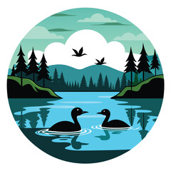 Loon Swimming In Lake Vector Background Illustration