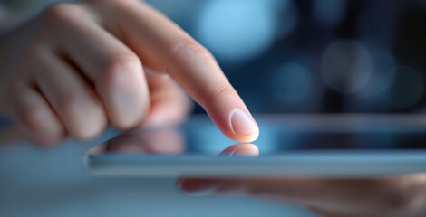 Close-up of a human finger touching a tablet screen on a blurred blue bokeh background. Concept of digital interaction and touchscreen technology. Ai generative