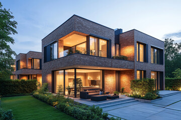 modern house with elegant design, perfect for luxurious living. Features large windows, allowing natural light to fill the interiors, surrounded by a well-maintained garden and a paved driveway