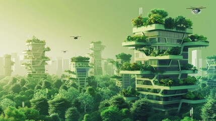 Obraz premium futuristic eco-city with green skyscrapers covered in lush vegetation. Sustainable urban design integrates vertical gardens, smart buildings, and flying vehicles, creating a harmonious blend of nature