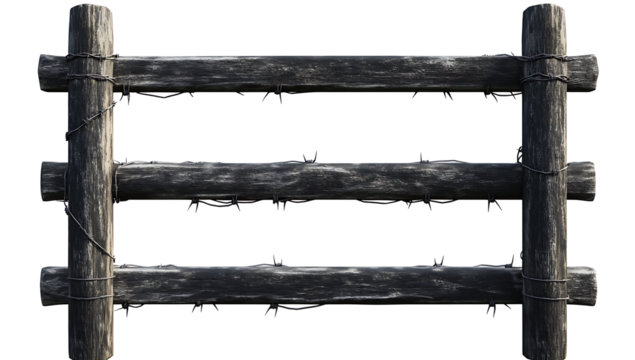 Black and white fence with barbed wire isolated on white background