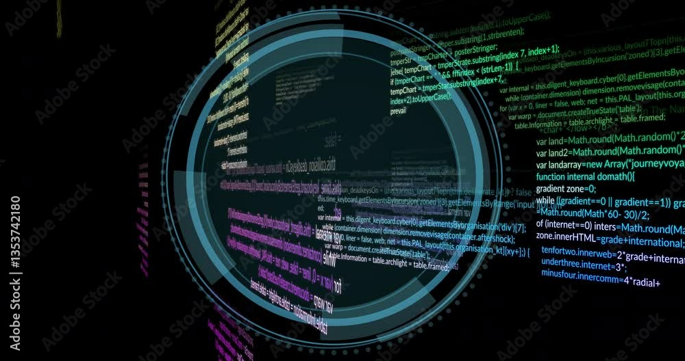 Aufkleber animation of rotating digital code and circular interface elements on black background