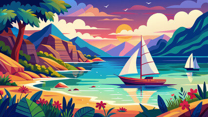 Tropical seascape with sailboat at sunny day. Sail yacht in beautiful lagune. Marine landscape with mountains and boat. AI generated vector illustration