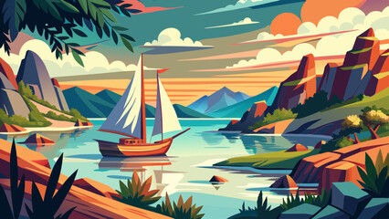Tropical seascape with sailboat at sunny day. Sail yacht in beautiful lagune. Marine landscape with mountains and boat. AI generated vector illustration