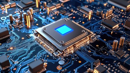 Advanced computer processor with electric blue highlights, surrounded by intricate chip connections.