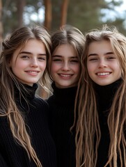 Obraz premium Three young women wearing black sweaters posing together outdoors
