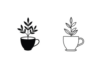 Minimalist Plant in Cup Illustrations Black, White, Line Art