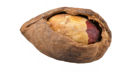 A detailed view of an open chestnut shell revealing the smooth inner nut. Isolated on a transparent background.