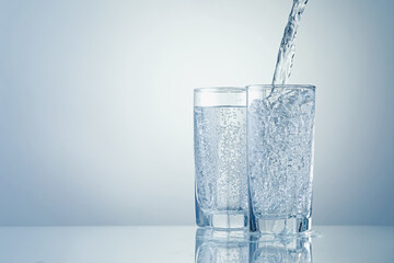 Pouring refreshing soda water into glasses on light grey background, closeup. Space for text