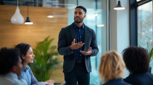 Professional Presenter Engaging Audience in Modern Business Meeting