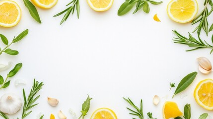 Sliced lemons and various herbs arranged on a white backdrop