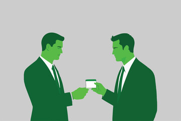 Fototapeta premium Business Card Exchange: Two Men, Professional Networking, Initial Contact, Connection. 