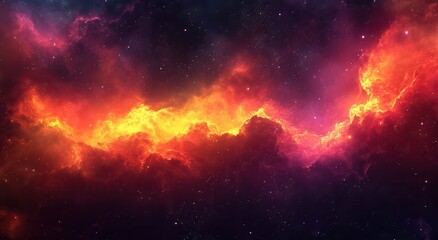 Fototapeta premium Ethereal Cosmic Nebula with Fiery Orange and Red Hues Illuminating the Dark Space Background with Distant Stars and Celestial Beauty