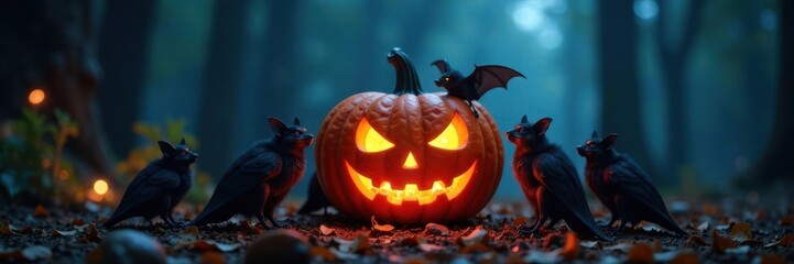 A group of bats gathered around a jack-o-lantern at night, group, night