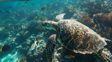 Obraz premium on the right a large sea turtle swims among small colorful tropical fish underwater in the ocean above a coral reef with free space on the right