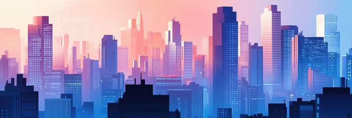 Obraz premium Urban creative forum banner featuring a vibrant city skyline at sunset colors