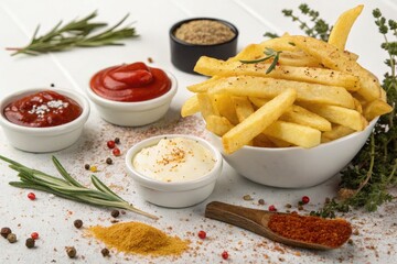 Delicious Crispy Fries Served With Various Dipping Sauces Generative AI