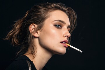 Obraz premium Portrait of a Young Woman With a Cigarette in a Dark Setting Generative AI