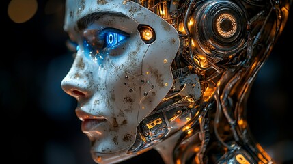 Naklejka premium Close-up profile of a weathered female cyborg with glowing blue eyes and exposed metallic components.