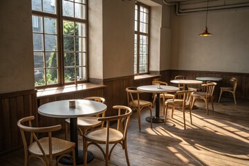 Fototapeta premium Cozy Cafe Interior With Natural Light and Wooden Decor Generative AI