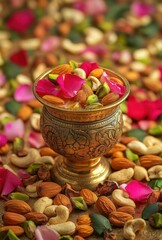 Ornate Bronze Bowl Filled with Colorful Floral Petals and Assorted Nuts Surrounded by Soft Petals and Nature-Inspired Decor