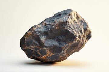 A large dark rock suspended on a smooth neutral surface