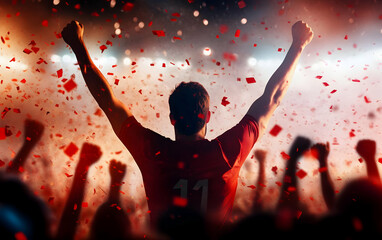 A cheering athlete celebrates victory in a triumphant moment amid a shower of confetti, showcasing passion and dedication in sports.