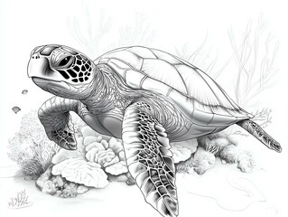 Fototapeta premium An intricately drawn turtle swimming gracefully among coral, showcasing the beauty of marine life in a serene underwater environment.