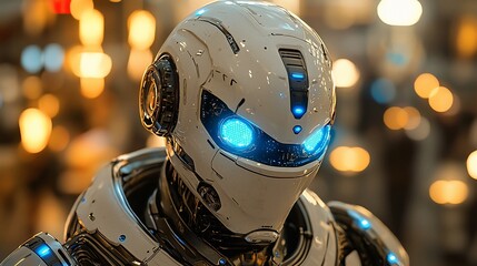 Fototapeta premium Close-up of a futuristic white robot's head with glowing blue eyes in a blurred city background.