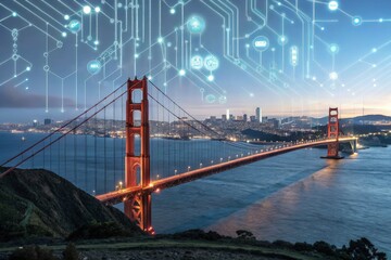 Obraz premium Golden Gate Bridge Illuminated at Twilight With Digital Overlay Generative AI