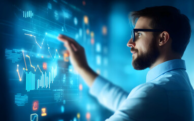 A focused man analyzes data on a futuristic touchscreen, showcasing modern technology in data visualization and analysis.