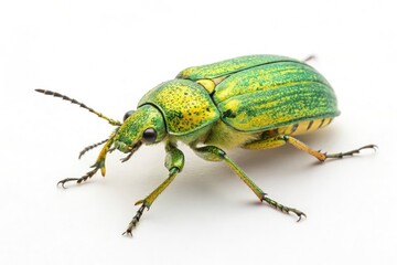 Naklejka premium Green Beetle Crawling on White Surface in Natural Light AI Art