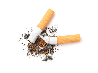Two cigarette butts isolated on white, top view. Smoking habit