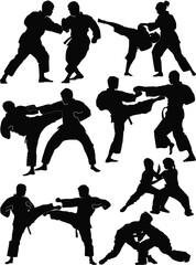 hand-to-hand black fighters isolated fourteen silhouettes