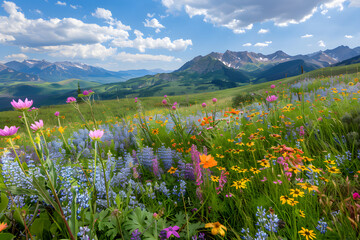 Nature's Symphony: Wildflowers In The Foreground And Snow-dusted Mountains In The Backdrop