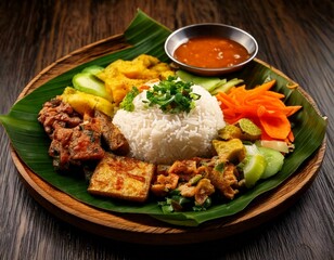 A vibrant plate of vegetarian nasi lemak, with tofu sambal, tempeh, and pickled vegetables, served on a wooden banana leaf plate - Generated image