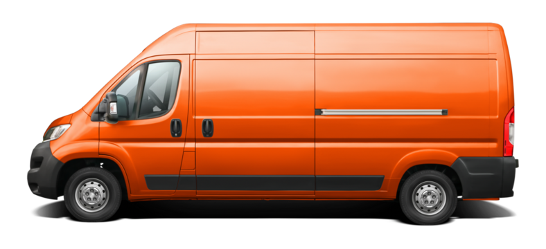 Side view of a modern orange long-wheelbase cargo minibus. Isolated on a transparent background, in PNG format.